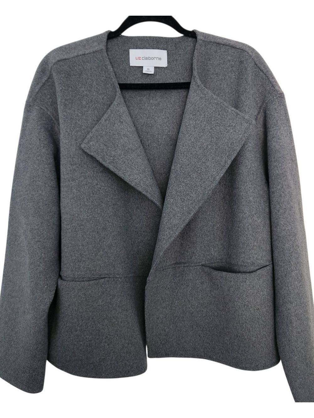 Liz Claiborne Womens Gray Open Front Wool-Blend Blazer Jacket Pockets Size XL